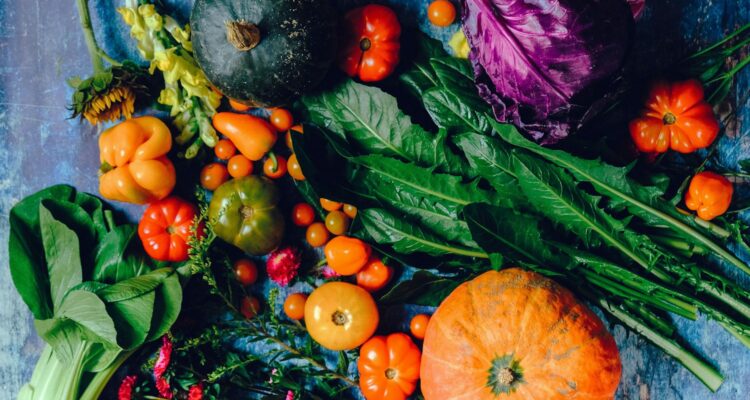 vegies on blue surface